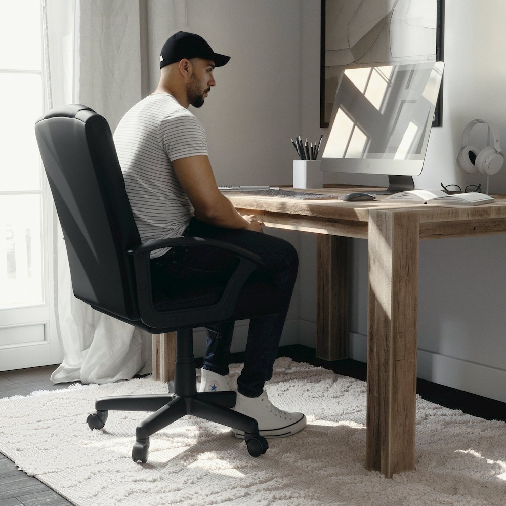 Flash Fundamentals Mid-Back Black LeatherSoft-Padded Task Office Chair with Arms