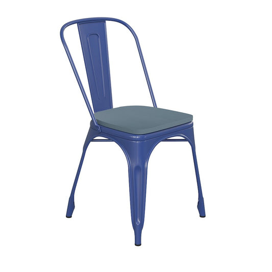 Blue Metal Indoor-Outdoor Stackable Chair with Teal-Blue Poly Resin Wood Seat