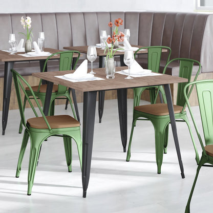 Green Metal Indoor-Outdoor Stackable Chair with Teak Poly Resin Wood Seat