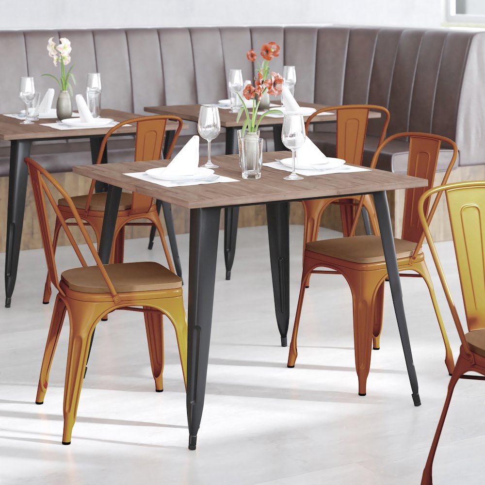 Orange Metal Indoor-Outdoor Stackable Chair with Teak Poly Resin Wood Seat