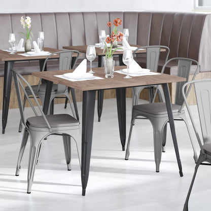 Silver Metal Indoor-Outdoor Stackable Chair with Gray Poly Resin Wood Seat