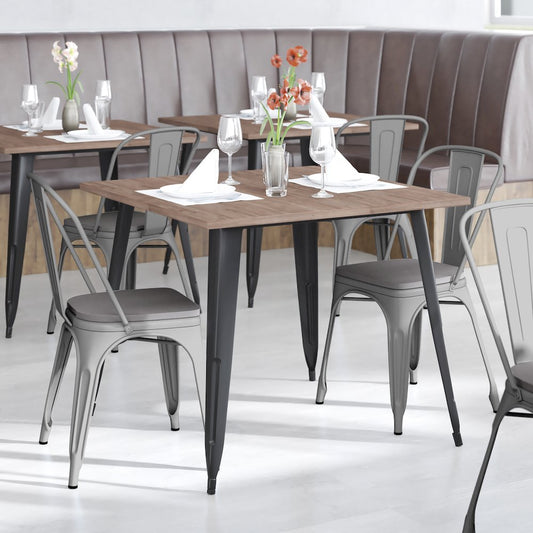 Silver Metal Indoor-Outdoor Stackable Chair with Gray Poly Resin Wood Seat