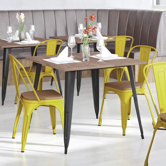 Yellow Metal Indoor-Outdoor Stackable Chair with Teak Poly Resin Wood Seat