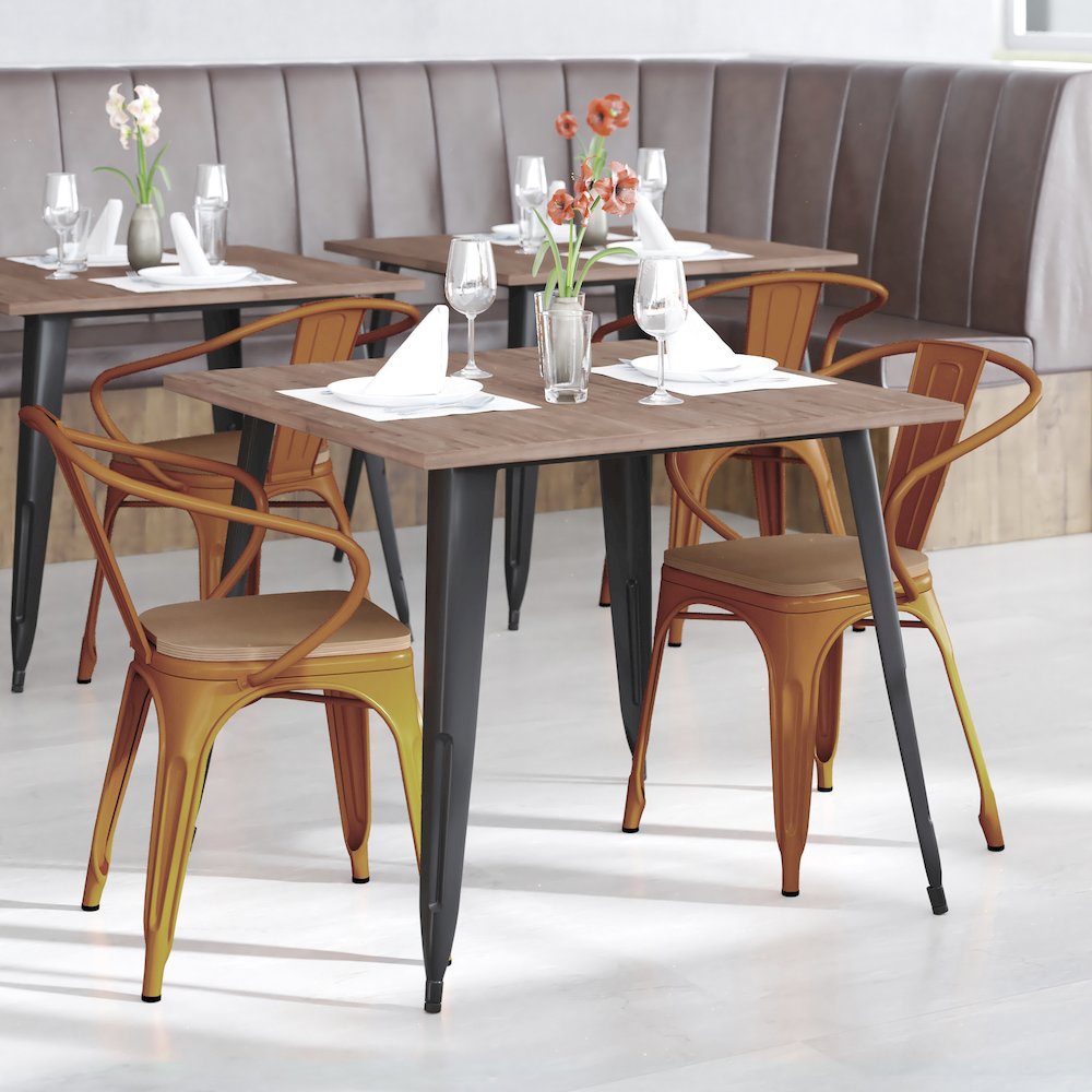 Orange Metal Indoor-Outdoor Chair with Arms with Teak Poly Resin Wood Seat