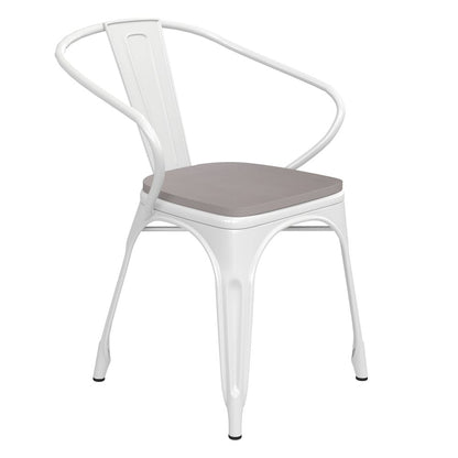 White Metal Indoor-Outdoor Chair with Arms with Gray Poly Resin Wood Seat