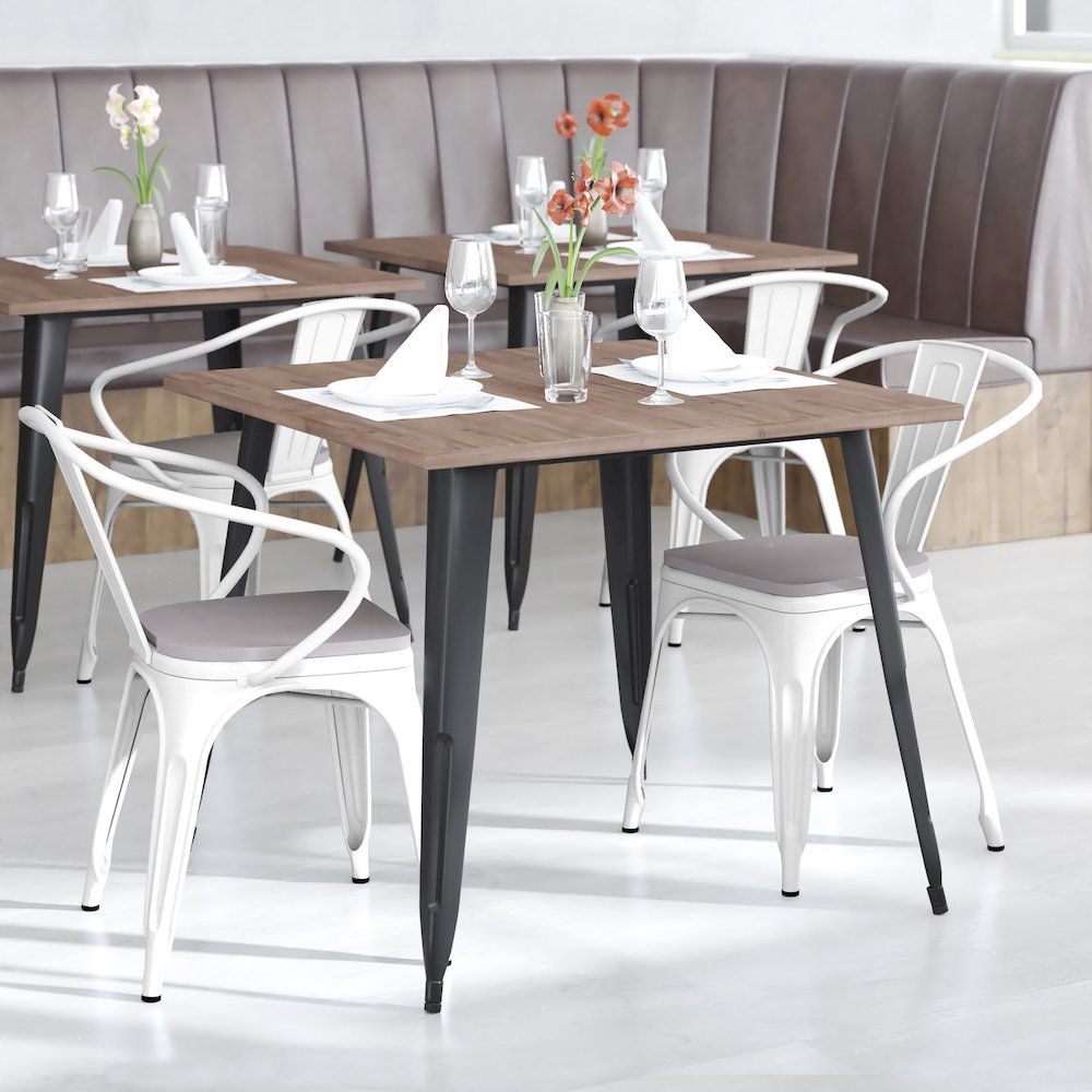 White Metal Indoor-Outdoor Chair with Arms with Gray Poly Resin Wood Seat