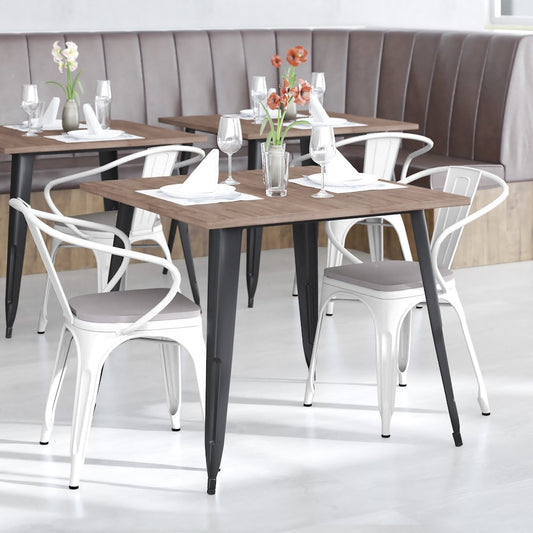White Metal Indoor-Outdoor Chair with Arms with Gray Poly Resin Wood Seat