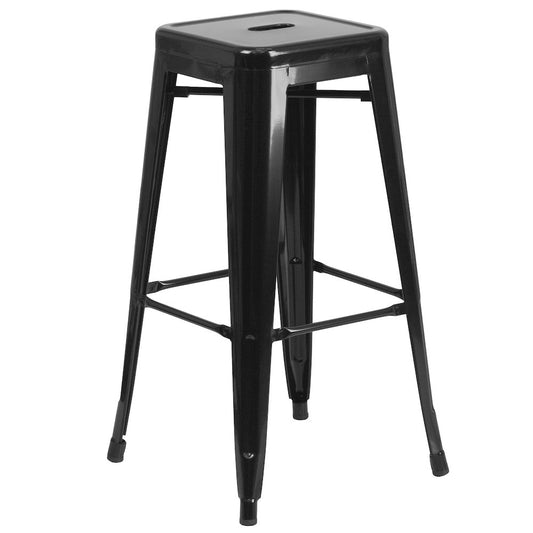 30" High Backless Black Metal Indoor-Outdoor Barstool with Square Seat