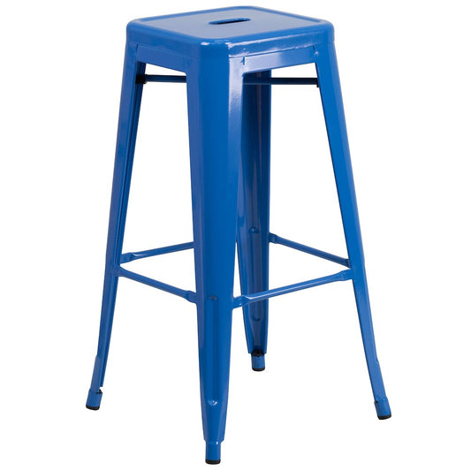 30" High Backless Blue Metal Indoor-Outdoor Barstool with Square Seat