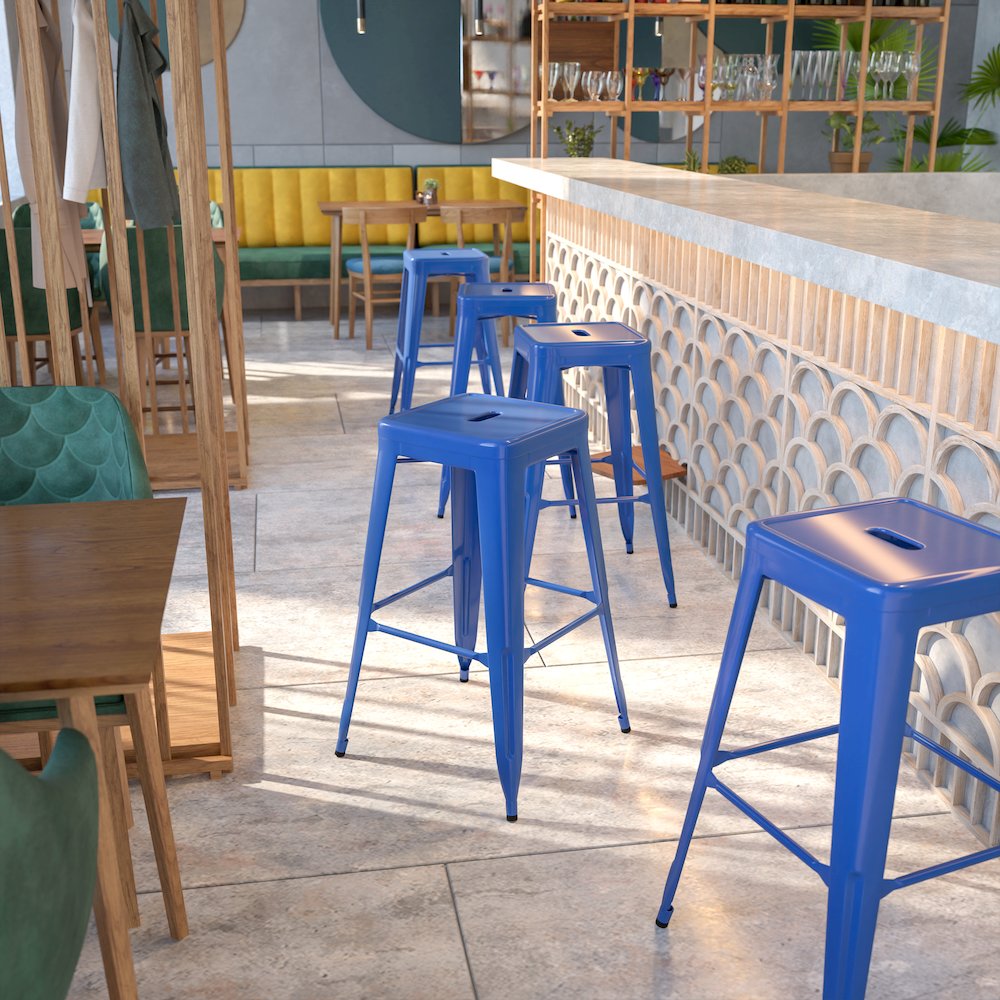 30" High Backless Blue Metal Indoor-Outdoor Barstool with Square Seat
