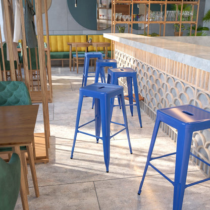 30" High Backless Blue Metal Indoor-Outdoor Barstool with Square Seat