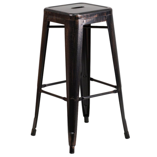 30" High Backless Black-Antique Gold Metal Indoor-Outdoor Barstool with Seat