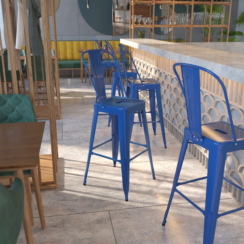 30" High Blue Metal Indoor-Outdoor Barstool with Removable Back