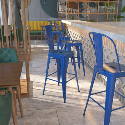 30" High Blue Metal Indoor-Outdoor Barstool with Removable Back