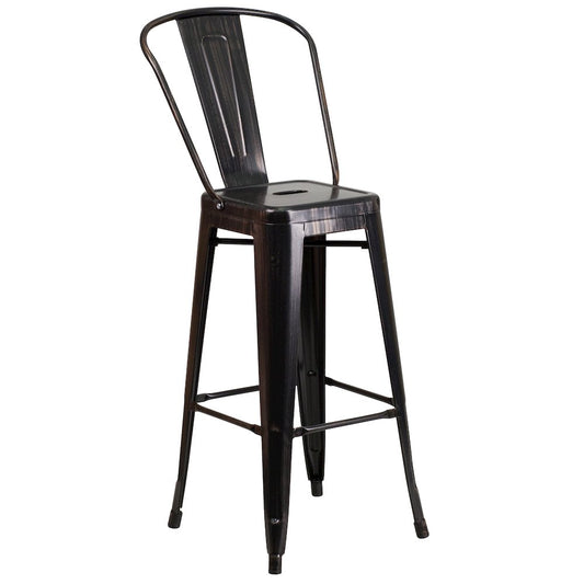 30" High Black-Antique Gold Metal Indoor-Outdoor Barstool with Removable Back