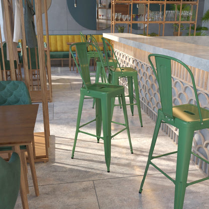 30" High Green Metal Indoor-Outdoor Barstool with Removable Back