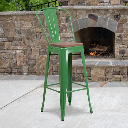 30" High Green Metal Barstool with Back and Wood Seat