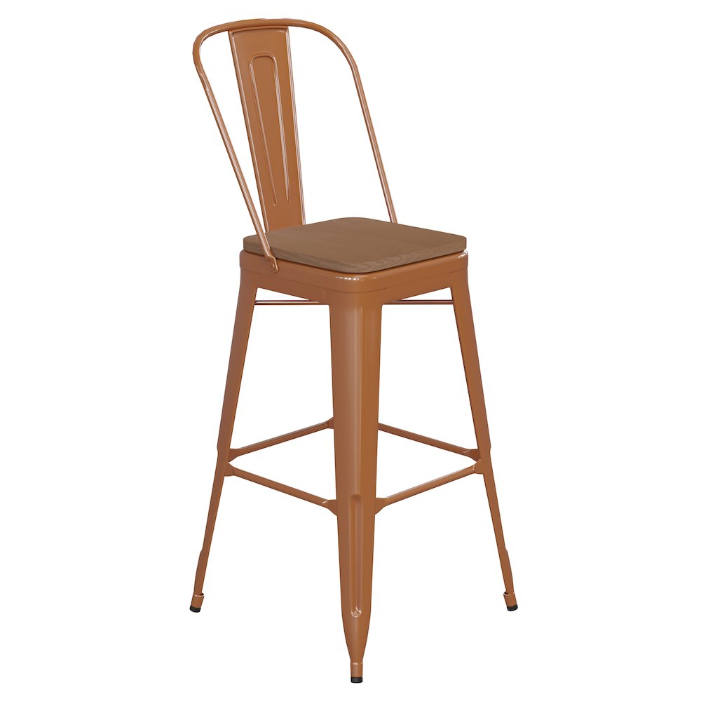 30" High Orange Metal Bar Height Stool with Teak All-Weather Poly Resin Seat