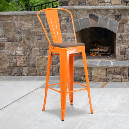 30" High Orange Metal Barstool with Back and Wood Seat