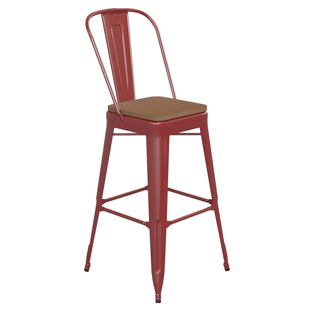 30" High Red Metal Bar Height Stool with Teak All-Weather Poly Resin Seat