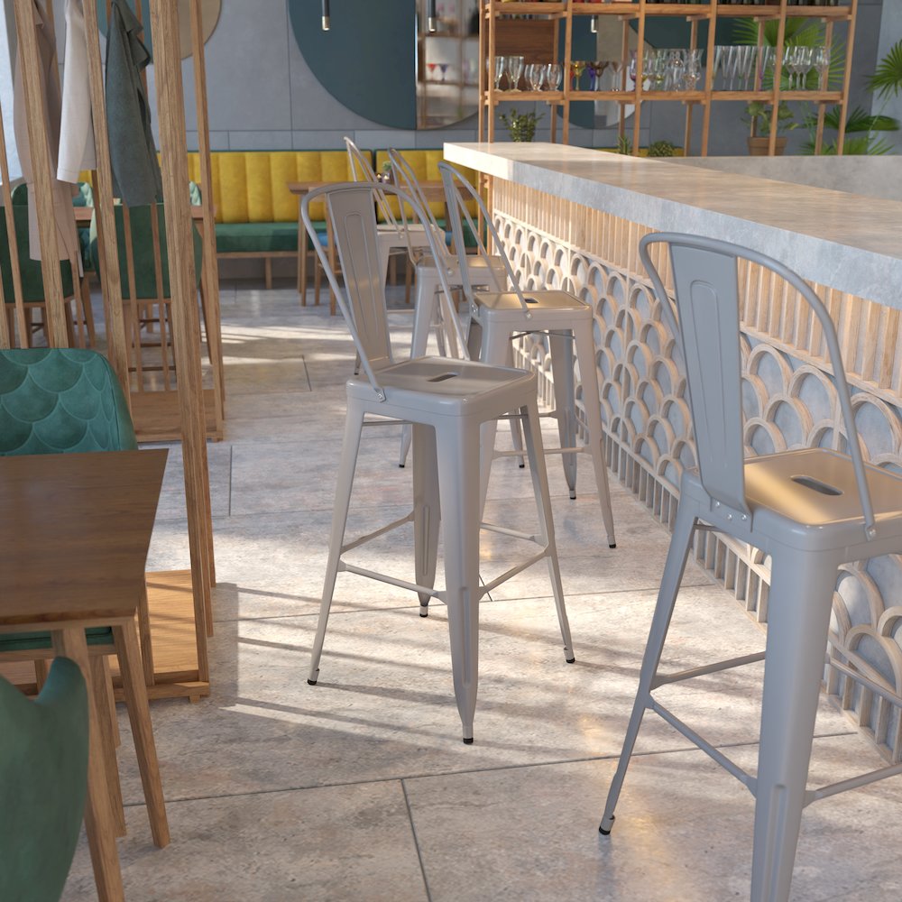 30" High Silver Metal Indoor-Outdoor Barstool with Removable Back