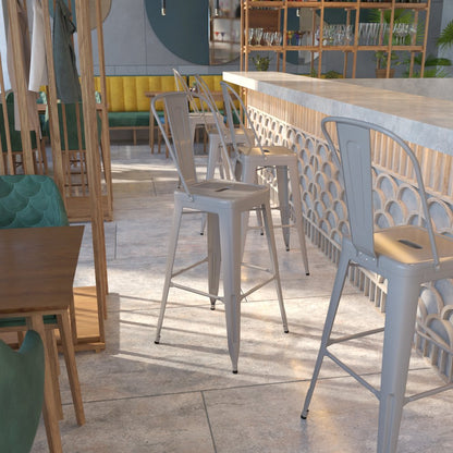 30" High Silver Metal Indoor-Outdoor Barstool with Removable Back