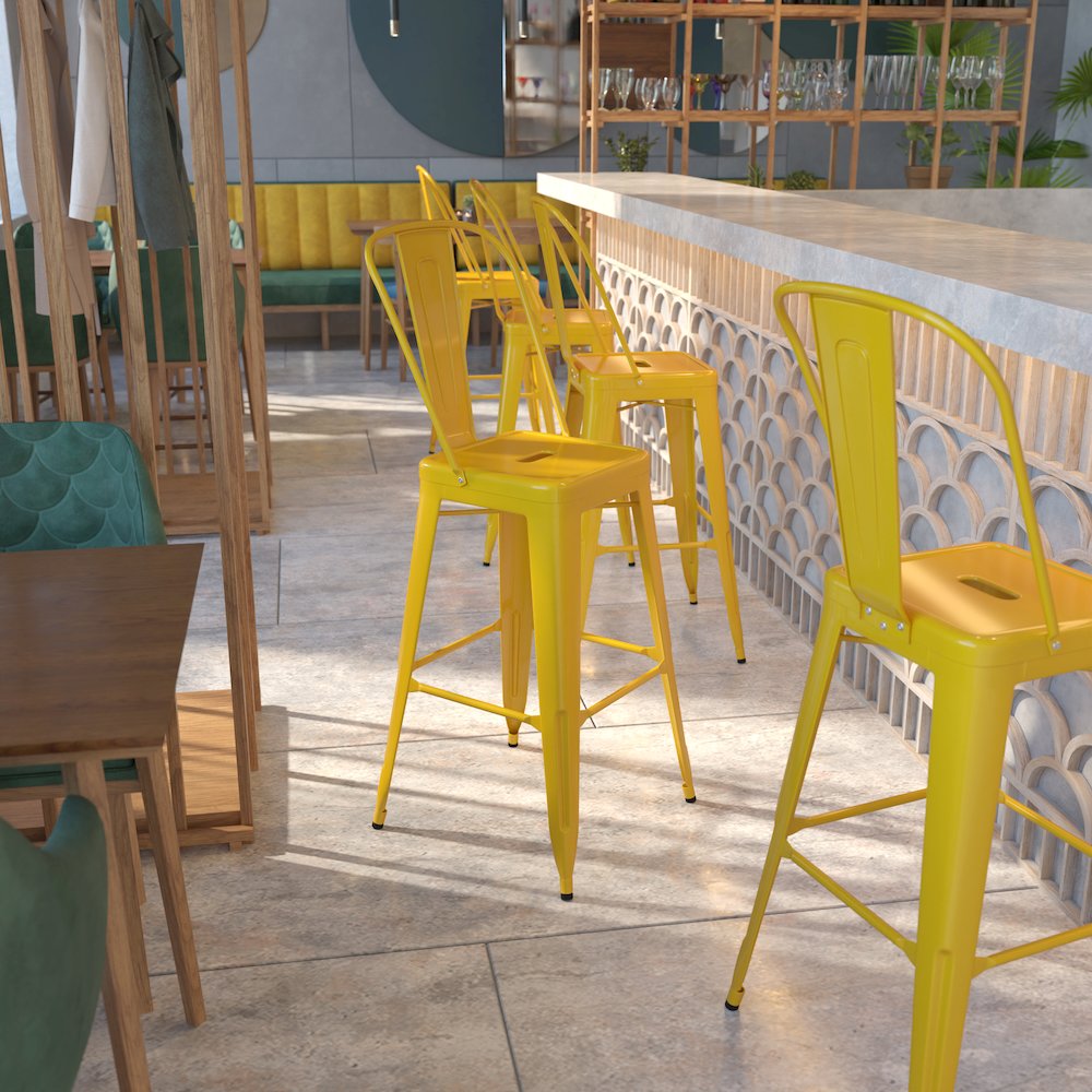 30" High Yellow Metal Indoor-Outdoor Barstool with Removable Back