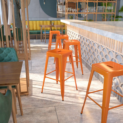 30" High Backless Orange Metal Indoor-Outdoor Barstool with Square Seat