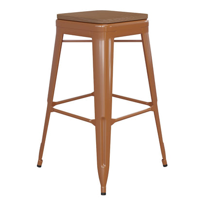 30" High Orange Metal Indoor-Outdoor Barstool with Teak Poly Resin Wood Seat