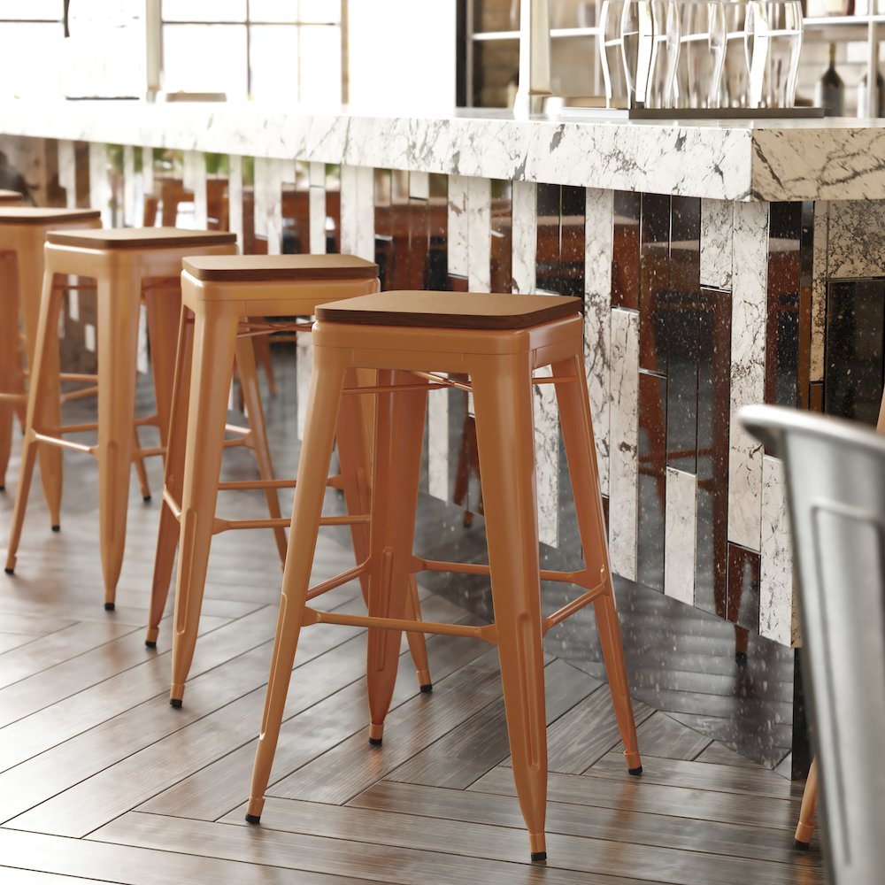 30" High Orange Metal Indoor-Outdoor Barstool with Teak Poly Resin Wood Seat