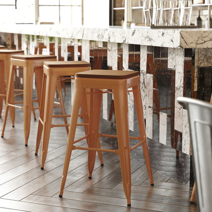 30" High Orange Metal Indoor-Outdoor Barstool with Teak Poly Resin Wood Seat
