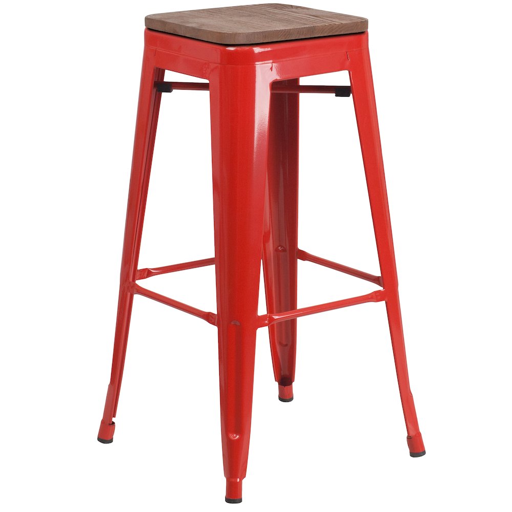 30" High Backless Red Metal Barstool with Square Wood Seat