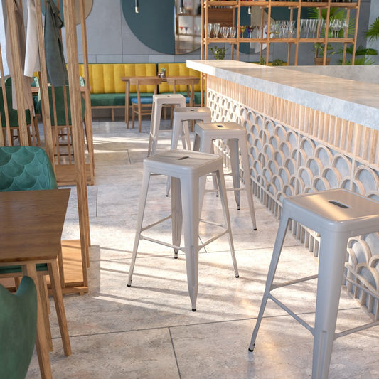 30" High Backless Silver Metal Indoor-Outdoor Barstool with Square Seat