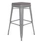 30" High Silver Metal Indoor-Outdoor Barstool with Gray Poly Resin Wood Seat