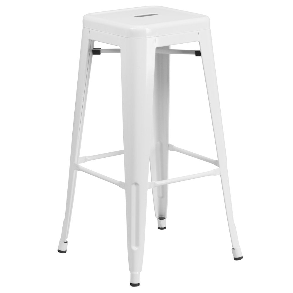 30" High Backless White Metal Indoor-Outdoor Barstool with Square Seat