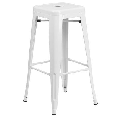 30" High Backless White Metal Indoor-Outdoor Barstool with Square Seat