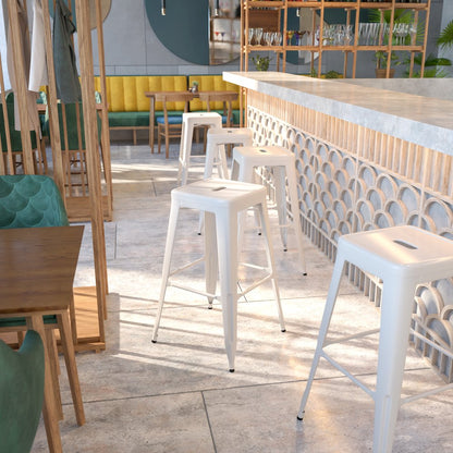30" High Backless White Metal Indoor-Outdoor Barstool with Square Seat