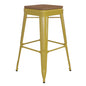 30" High Yellow Metal Indoor-Outdoor Barstool with Teak Poly Resin Wood Seat