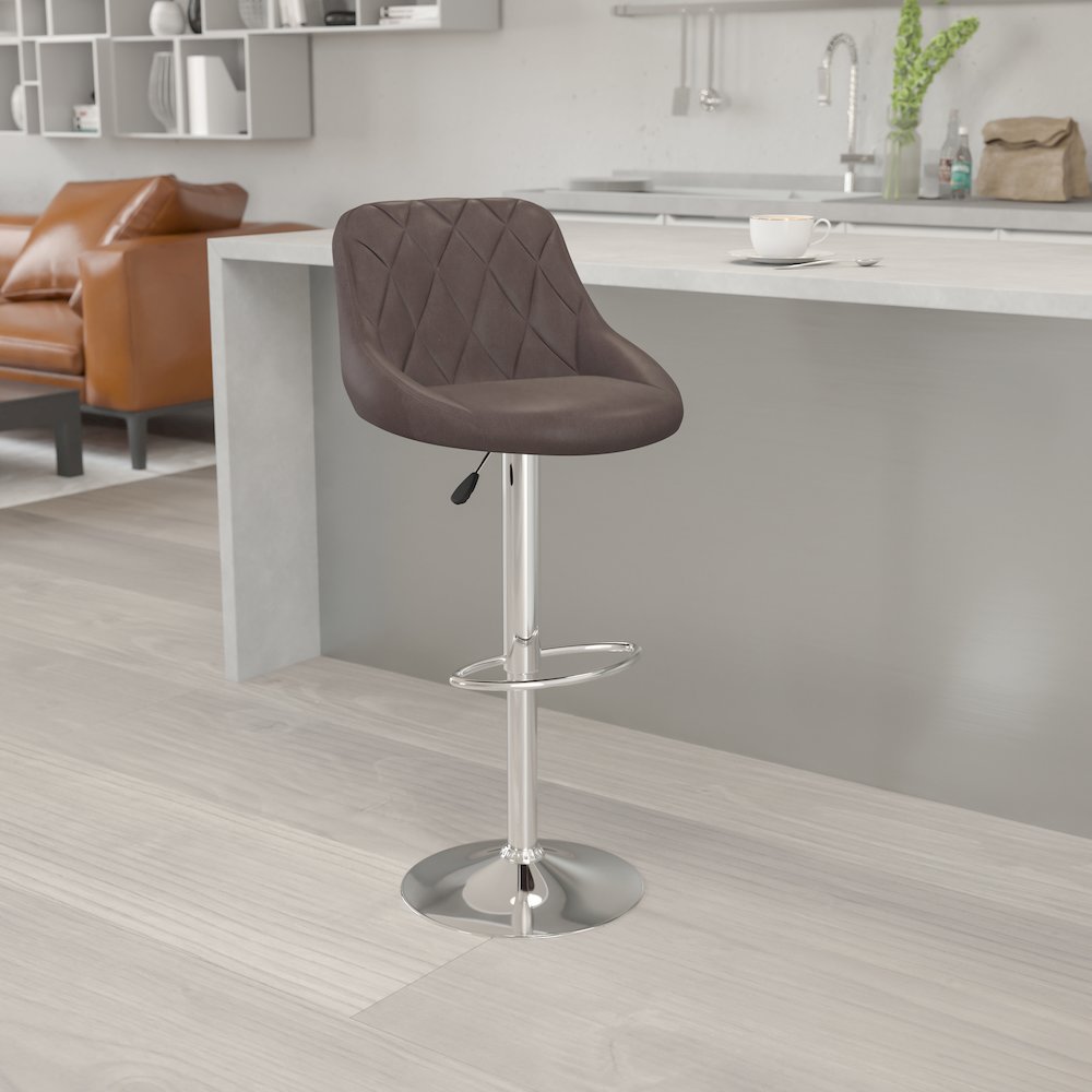 Brown Vinyl Bucket Seat Barstool with Diamond Pattern Back and Chrome Base