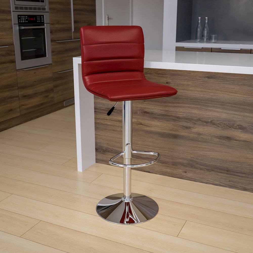 Burgundy Vinyl Adjustable Bar Stool, Swivel Stool with Chrome Pedestal Base