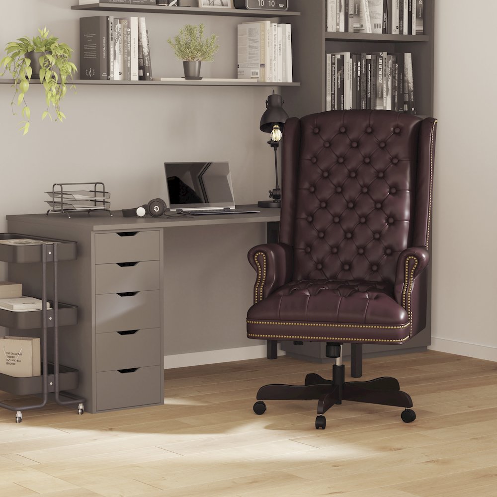 High Back Traditional Fully Tufted Burgundy Executive Swivel Office Chair