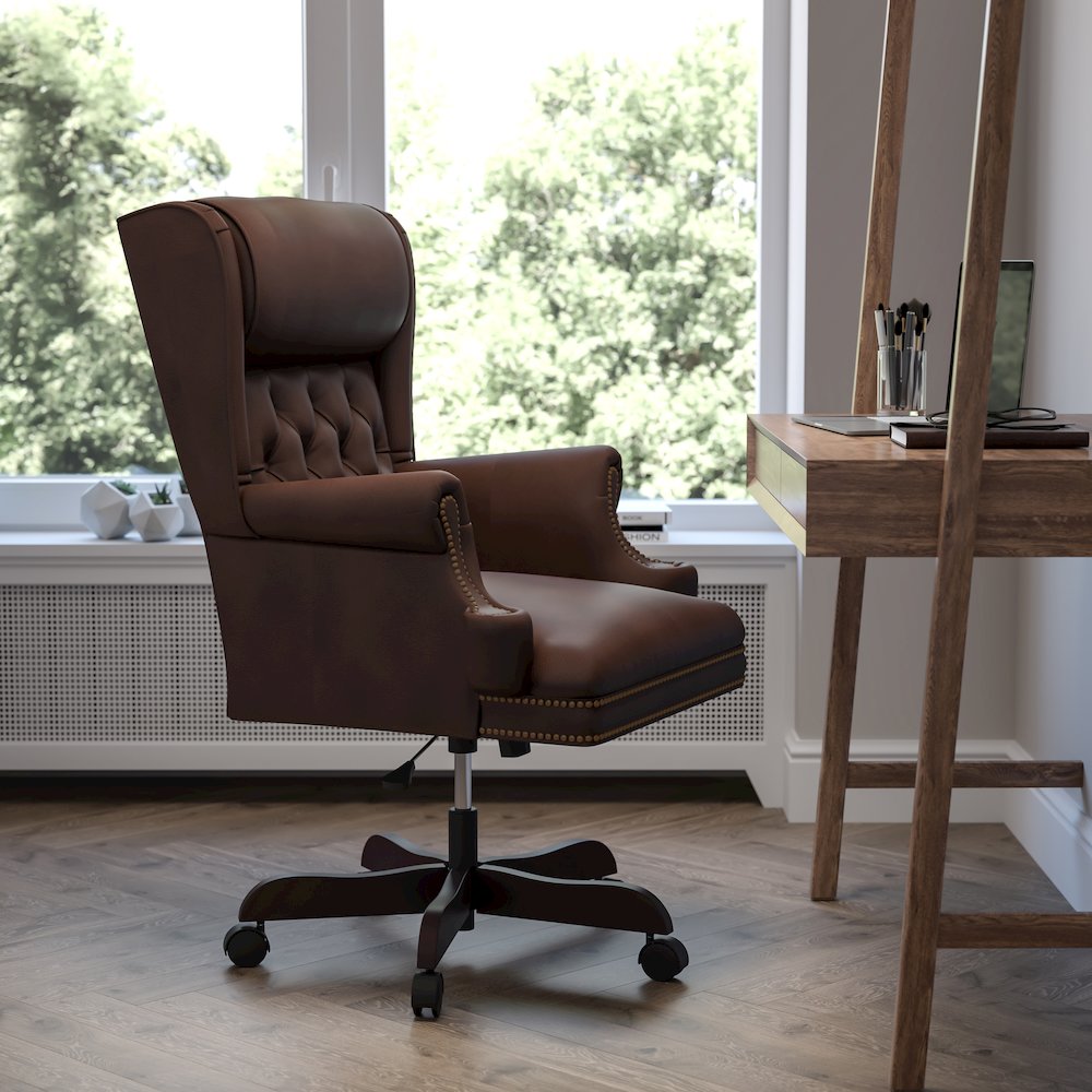 High Back Brown Executive Office Chair with Oversized Headrest & Nail Trim Arms
