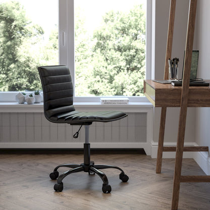 Low Back Armless Black Ribbed Swivel Task Office Chair with Black Frame and Base