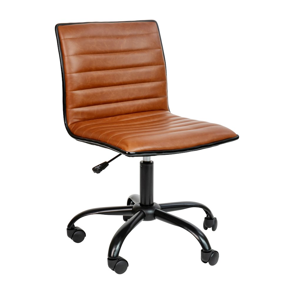 Low Back Armless Brown Ribbed Swivel Task Office Chair with Black Frame and Base