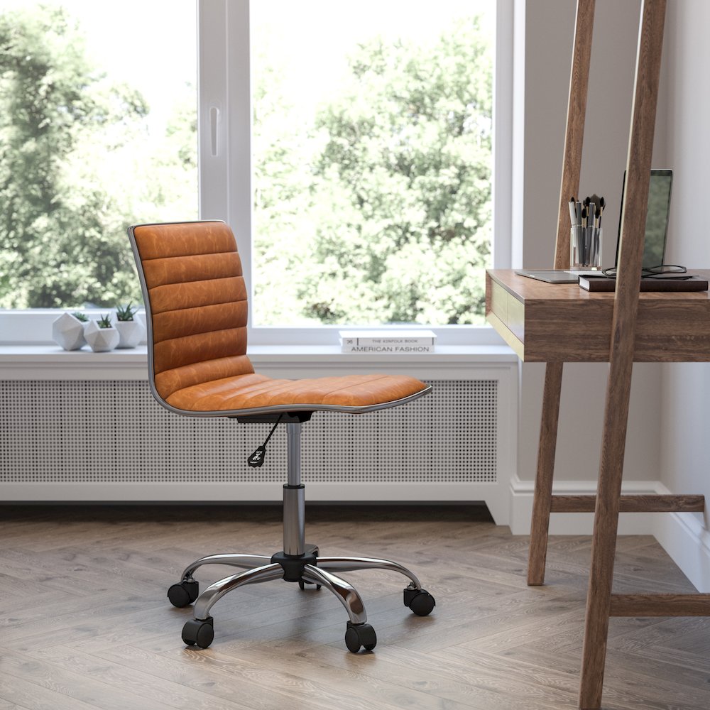 Low Back Designer Armless Brown Ribbed Swivel Task Office Chair