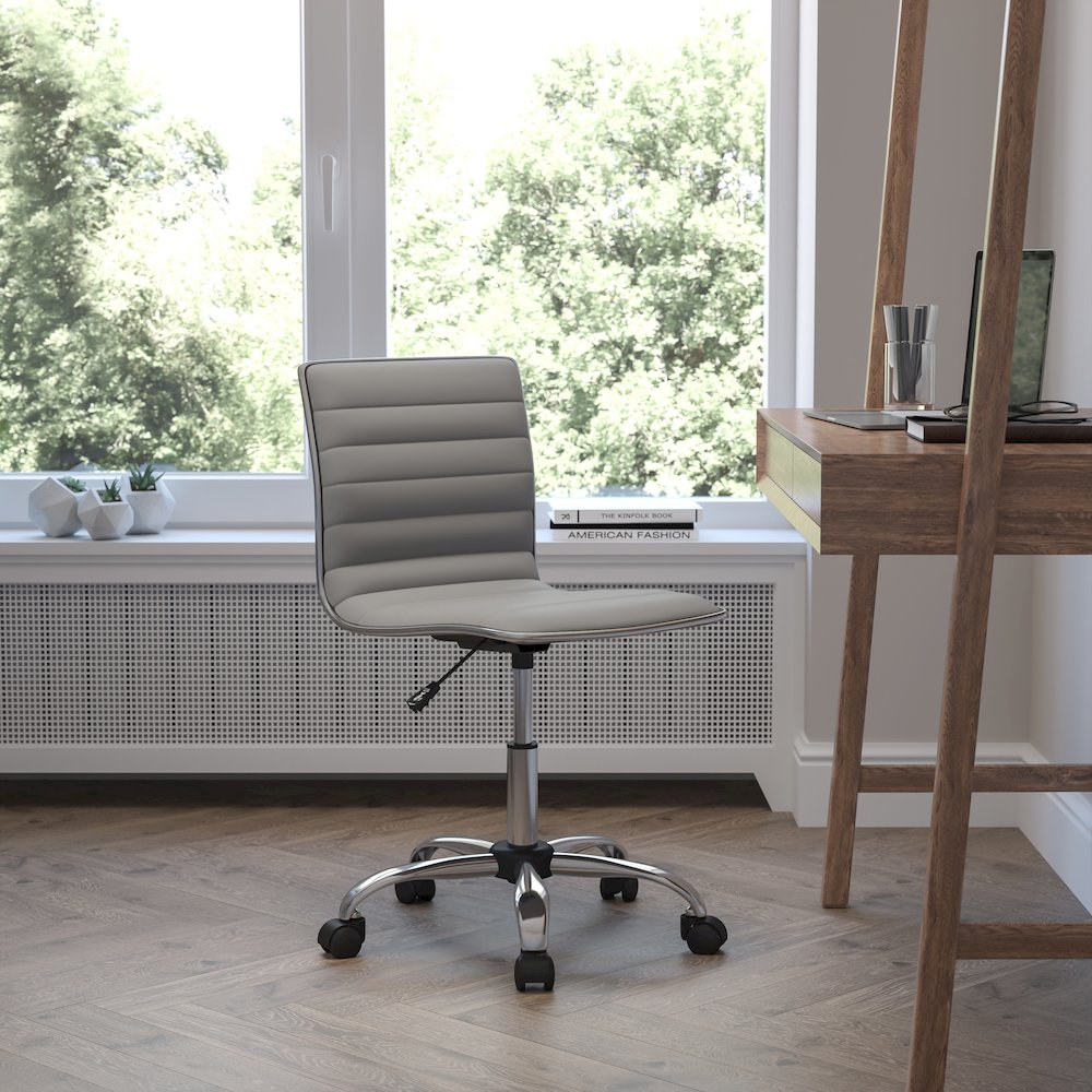 Low Back Designer Armless Light Gray Ribbed Swivel Task Office Chair
