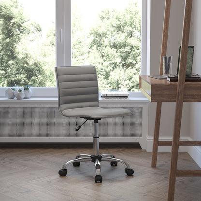 Low Back Designer Armless Light Gray Ribbed Swivel Task Office Chair