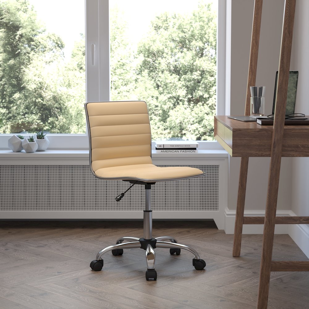 Low Back Designer Armless Tan Ribbed Swivel Task Office Chair
