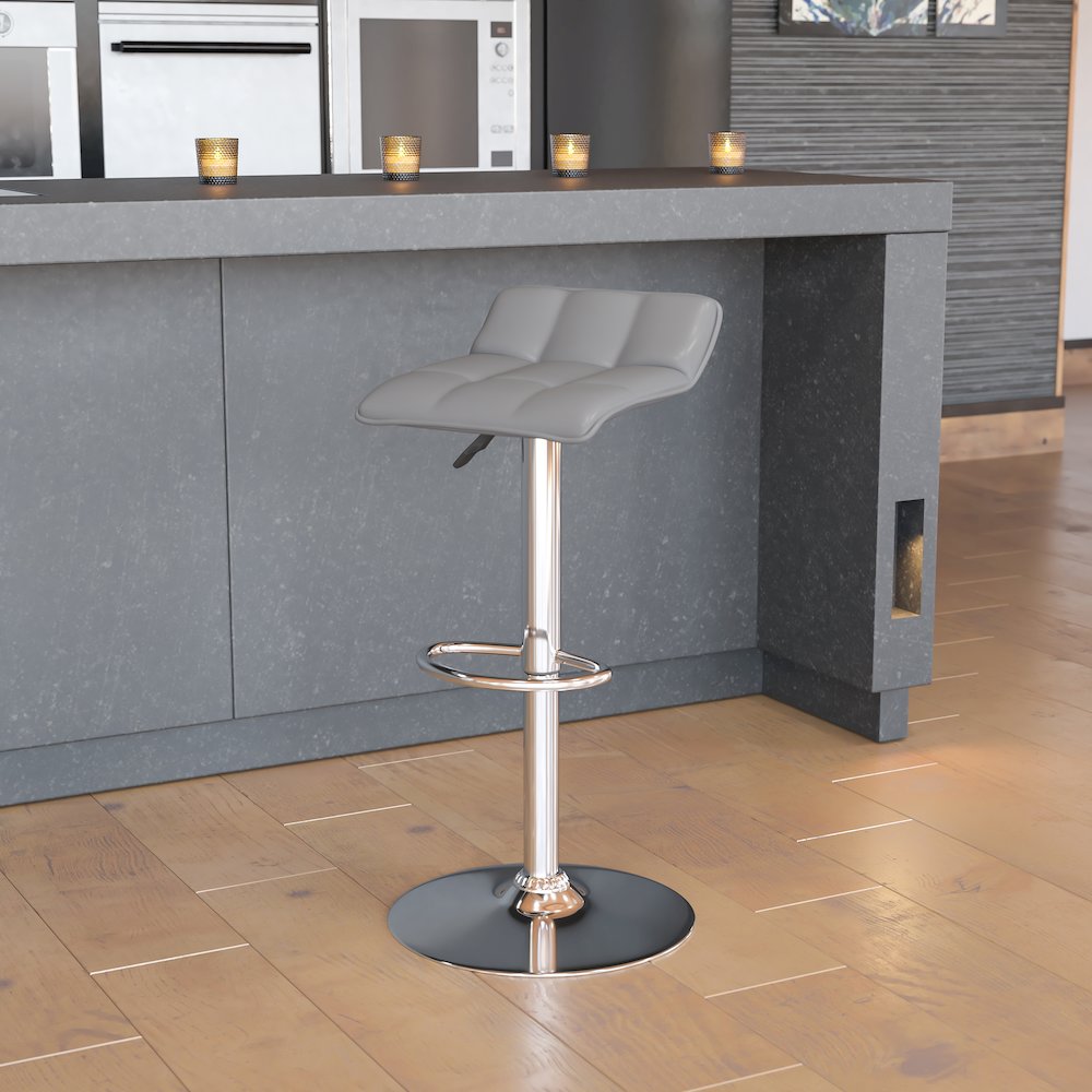Gray Vinyl Adjustable Height Barstool with Quilted Wave Seat and Chrome Base