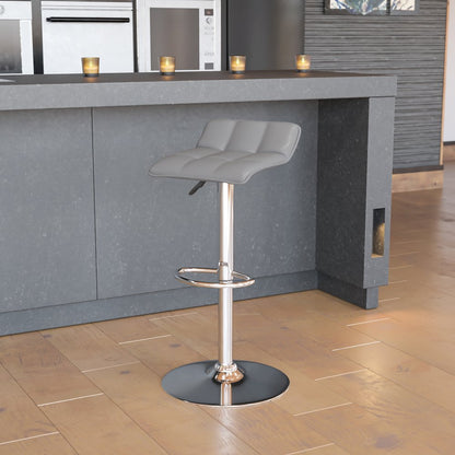 Gray Vinyl Adjustable Height Barstool with Quilted Wave Seat and Chrome Base